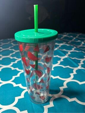 New Clear Watermelon Print Tumbler with Green Lid & Straw 24 oz